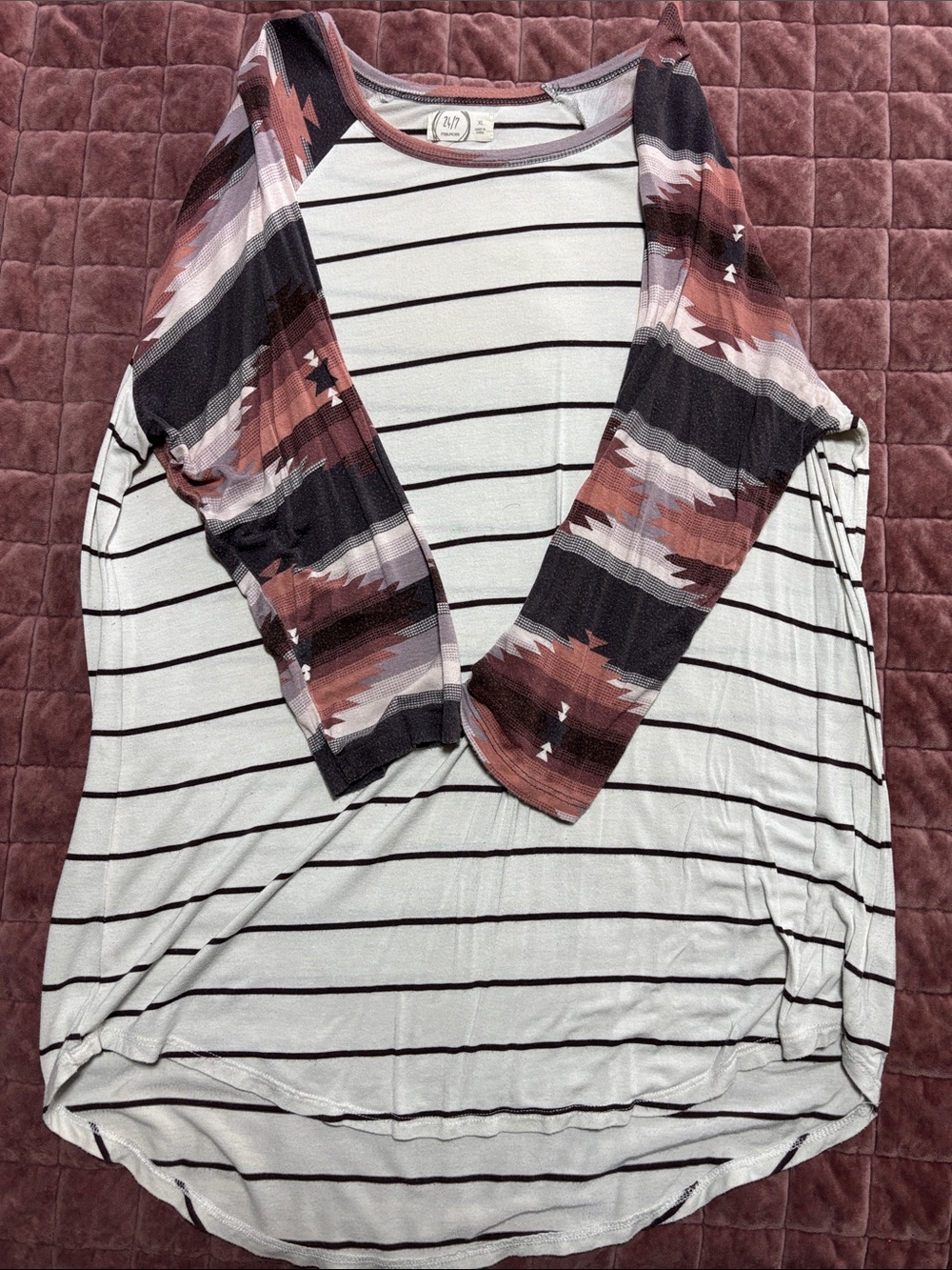 Maurices White Black Striped Tunic with Patterned Rust and Gray Raglan Sleeves